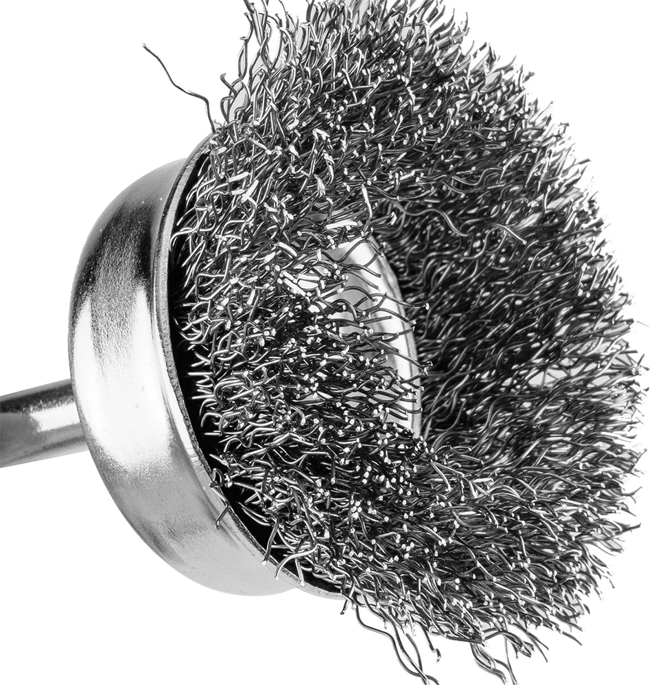 Graphite Szczotka 50 mm vielinis taurės formos šepetys, gofruota plieninė viela, su 6 mm kotu