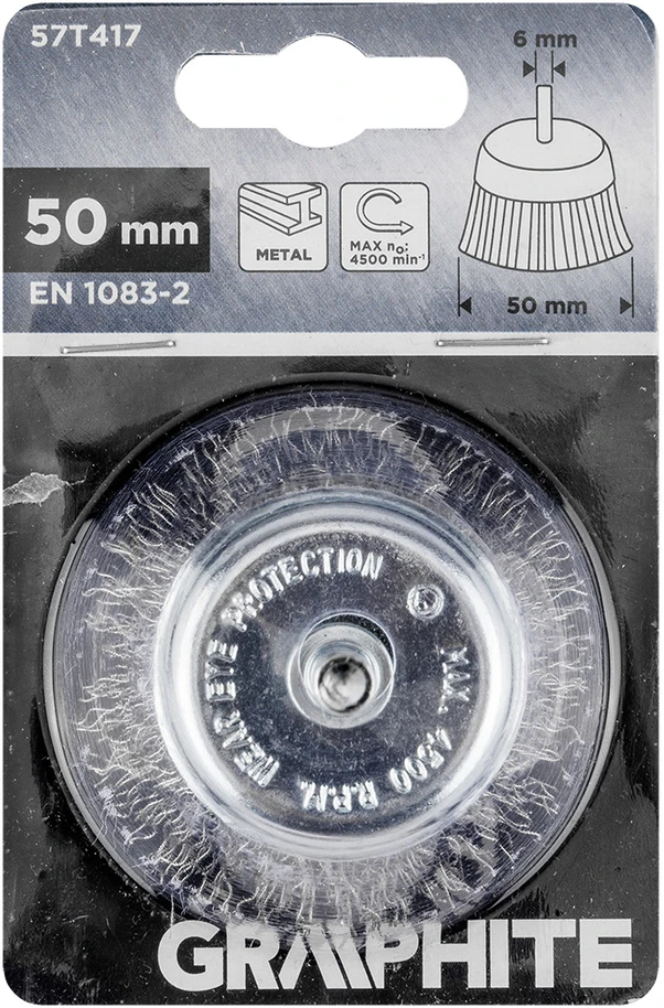 Graphite Szczotka 50 mm vielinis taurės formos šepetys, gofruota plieninė viela, su 6 mm kotu