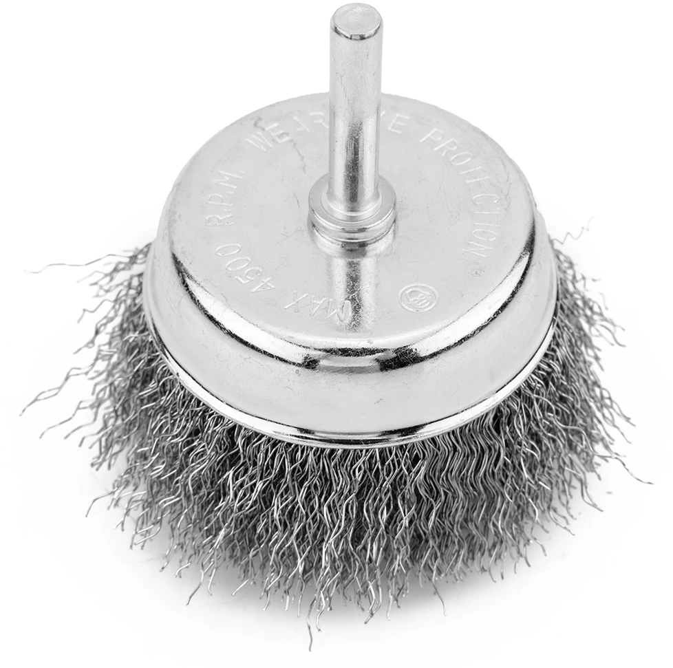 Szczotka 70 mm vielinis taurės formos šepetys, gofruota plieninė viela, su 6 mm kotu