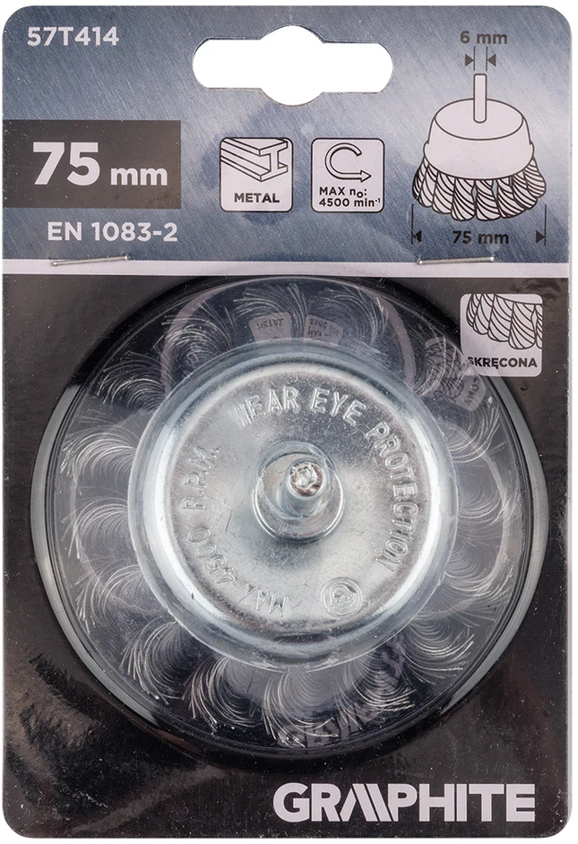 Szczotka 75 mm vielinis puodelio formos šepetys, susukta plieninė viela, su 6 mm kotu