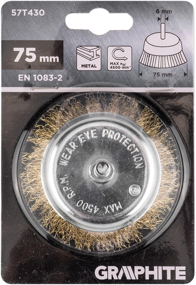 Szczotka 75 mm vielinis šepetys puodelio formos, gofruota viela, padengtas žalvariu, su 6 mm kotu