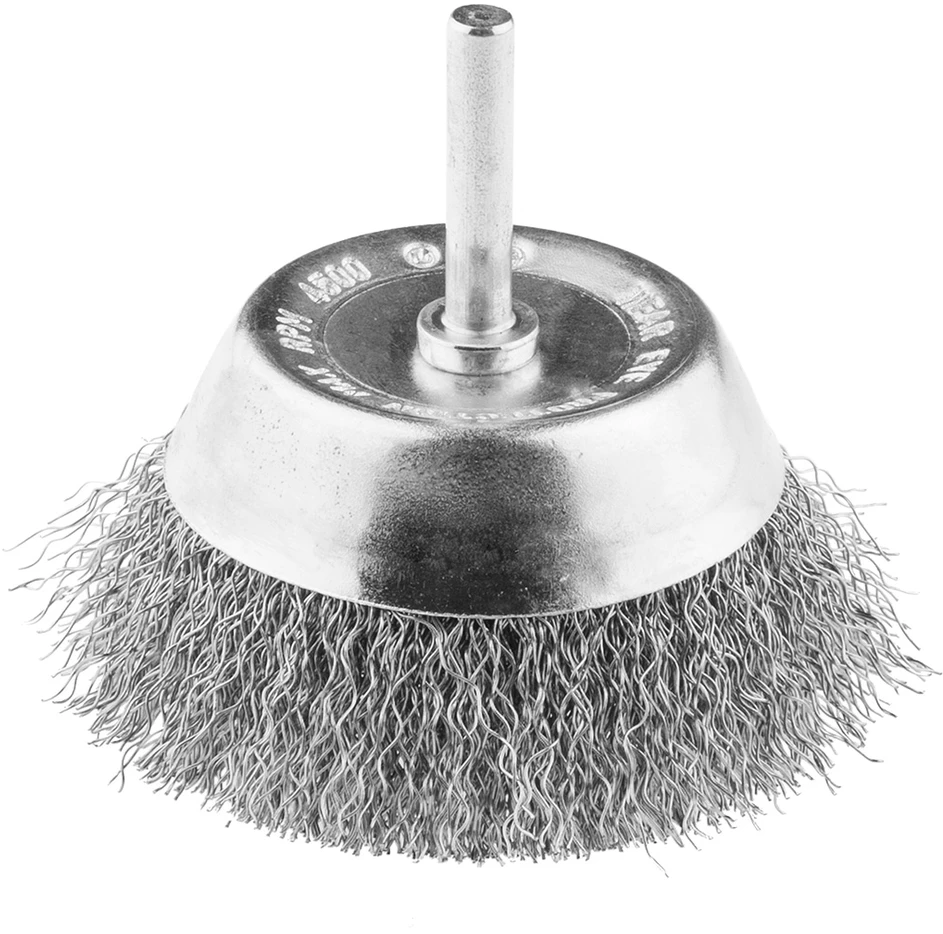 Szczotka Vielinis taurės formos šepetys, 70 mm, gofruota viela, INOX, su 6 mm kotu