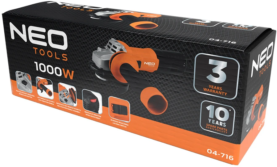 Neo Tools Šlifuoklis 1000 W kampinis šlifuoklis, diskas 125 x 22,2 mm, greitis 3000–12000 min-1