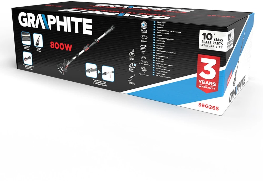 Graphite Šlifuoklis 800 W gipso šlifuoklis, 225 mm / 215 mm, LED