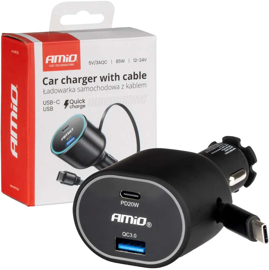 Greitas automobilinis įkroviklis 3.0 su 30W USB-C ištraukiamu kabeliu PD20W AMIO-04176