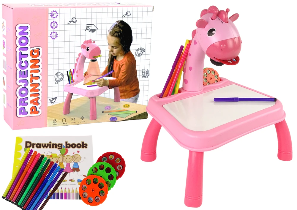 Lean Toys Dinozaurų stalas su projektoriumi ir priedais, rožinis