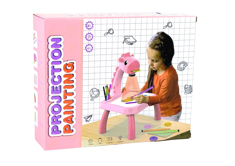 Lean Toys Dinozaurų stalas su projektoriumi ir priedais, rožinis