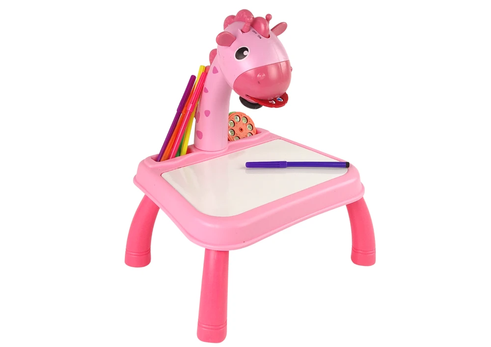 Lean Toys Dinozaurų stalas su projektoriumi ir priedais, rožinis