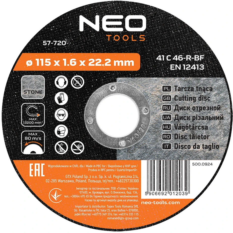 Neo Tarcza Akmens pjovimo diskas 115 x 1,6 x 22,2 mm, 41 C 46-R-BF