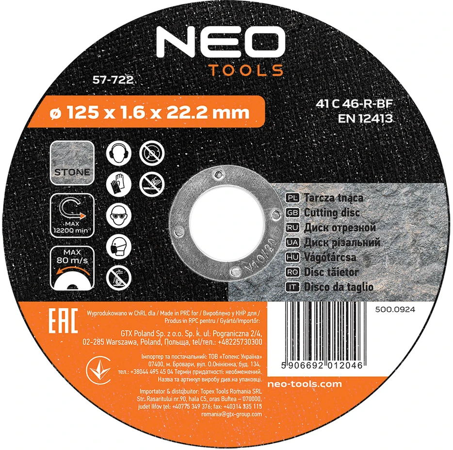 Neo Tarcza Akmens pjovimo diskas 125 x 1,6 x 22,2 mm, 41 C 46-R-BF