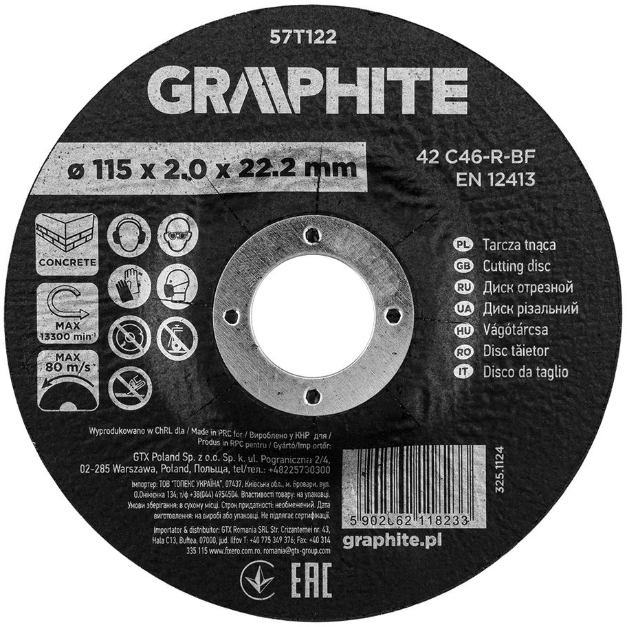 Graphite Tarcza Korundo pjovimo diskas betonui 115 x 2,0 x 22,2 mm, 42 C46-R-BF, išgaubtas