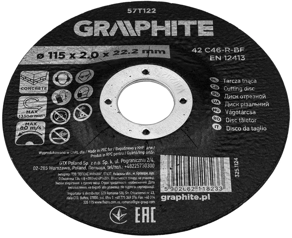 Graphite Tarcza Korundo pjovimo diskas betonui 115 x 2,0 x 22,2 mm, 42 C46-R-BF, išgaubtas