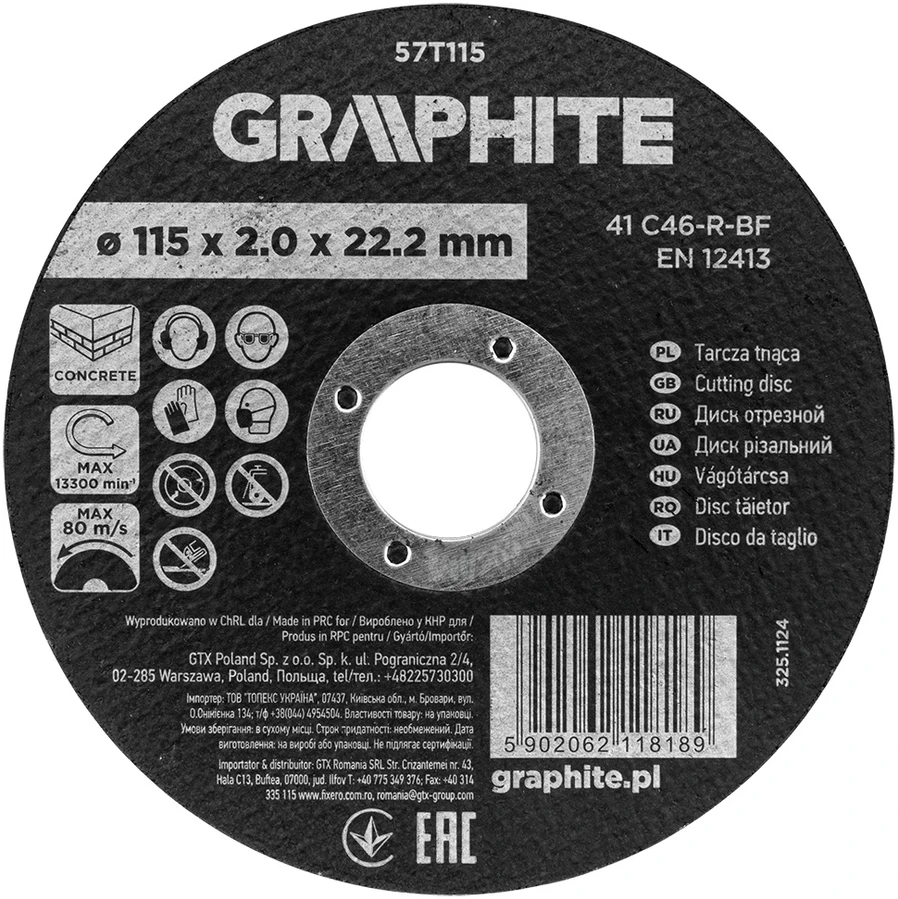 Graphite Tarcza Korundo pjovimo diskas betonui 115 x 2,0 x 22,2 mm, 41 C46-R-BF