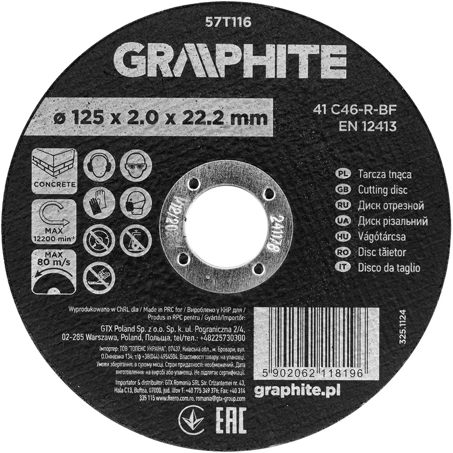 Graphite Tarcza Korundo pjovimo diskas betonui 125 x 2,0 x 22,2 mm, 41 C46-R-BF