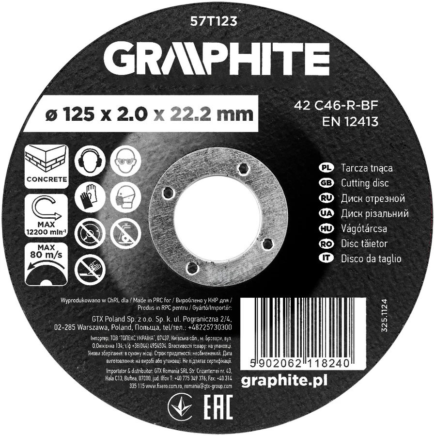 Graphite Tarcza Korundo pjovimo diskas betonui 125 x 2,0 x 22,2 mm, 42 C46-R-BF, išgaubtas