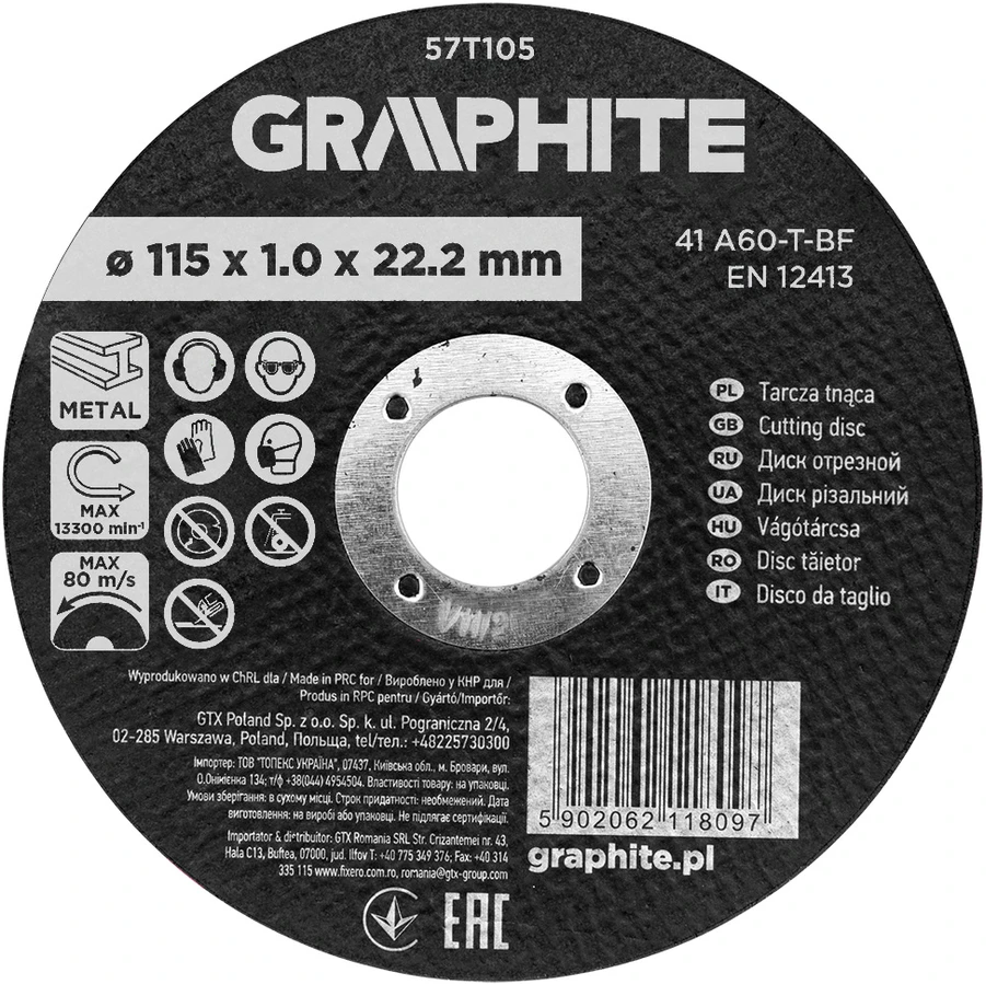 Graphite Tarcza Korundo pjovimo diskas metalui 115 x 1,0 x 22,2 mm, 41 A60-T-BF