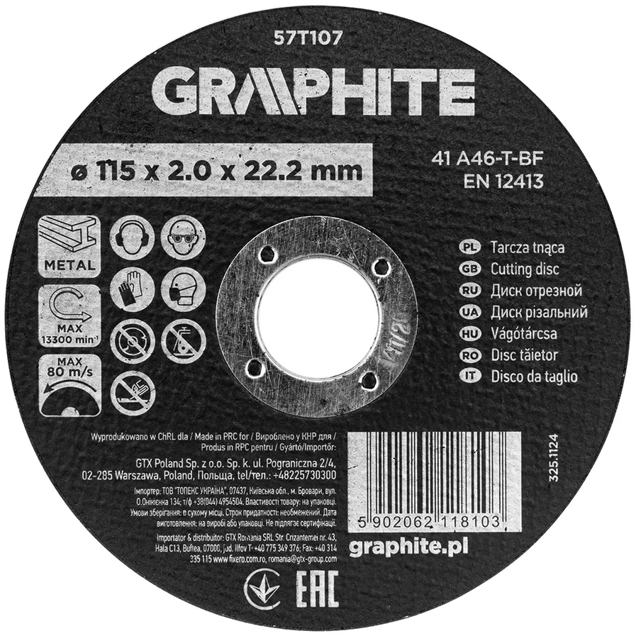Graphite Tarcza Korundo pjovimo diskas metalui 115 x 2,0 x 22,2 mm, 41 A46-T-BF