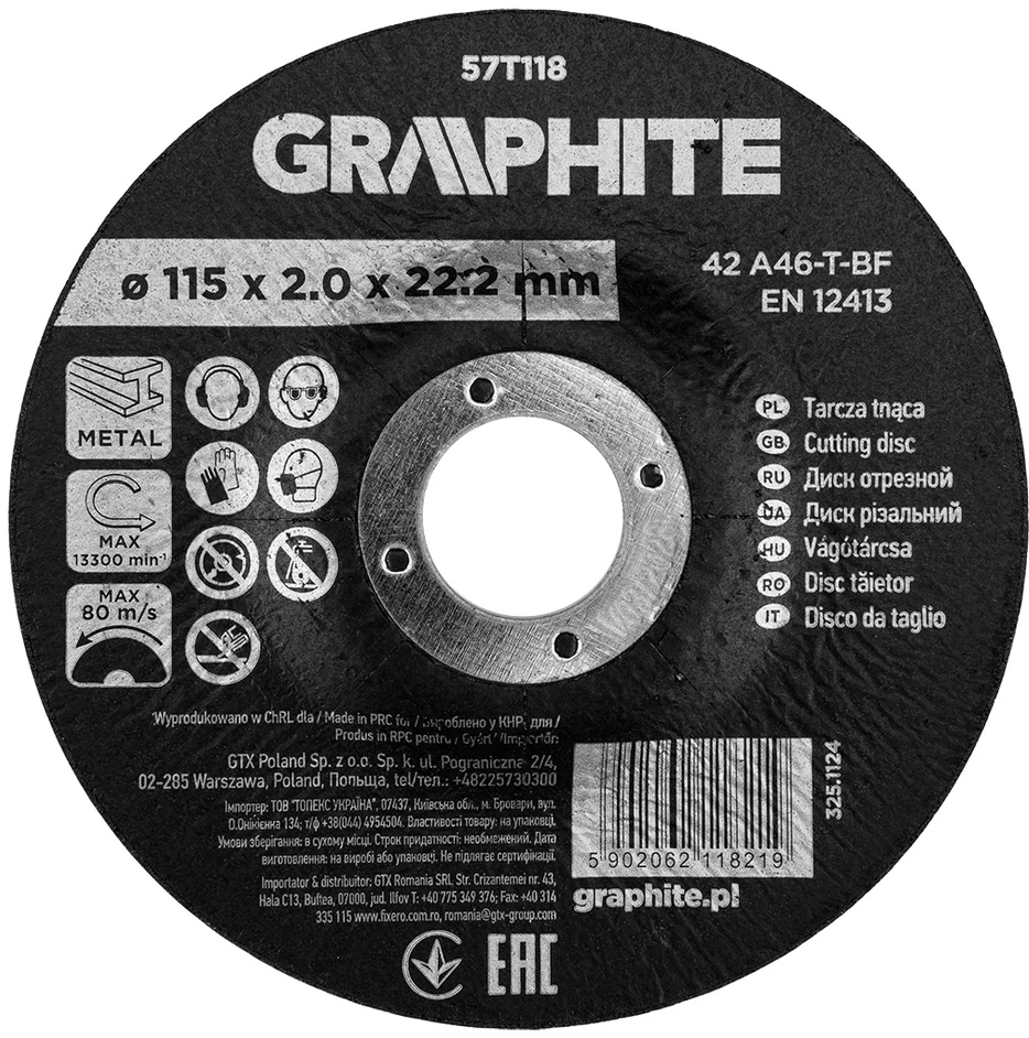 Graphite Tarcza Korundo pjovimo diskas metalui 115 x 2,0 x 22,2 mm, 42 A46-T-BF, išgaubtas