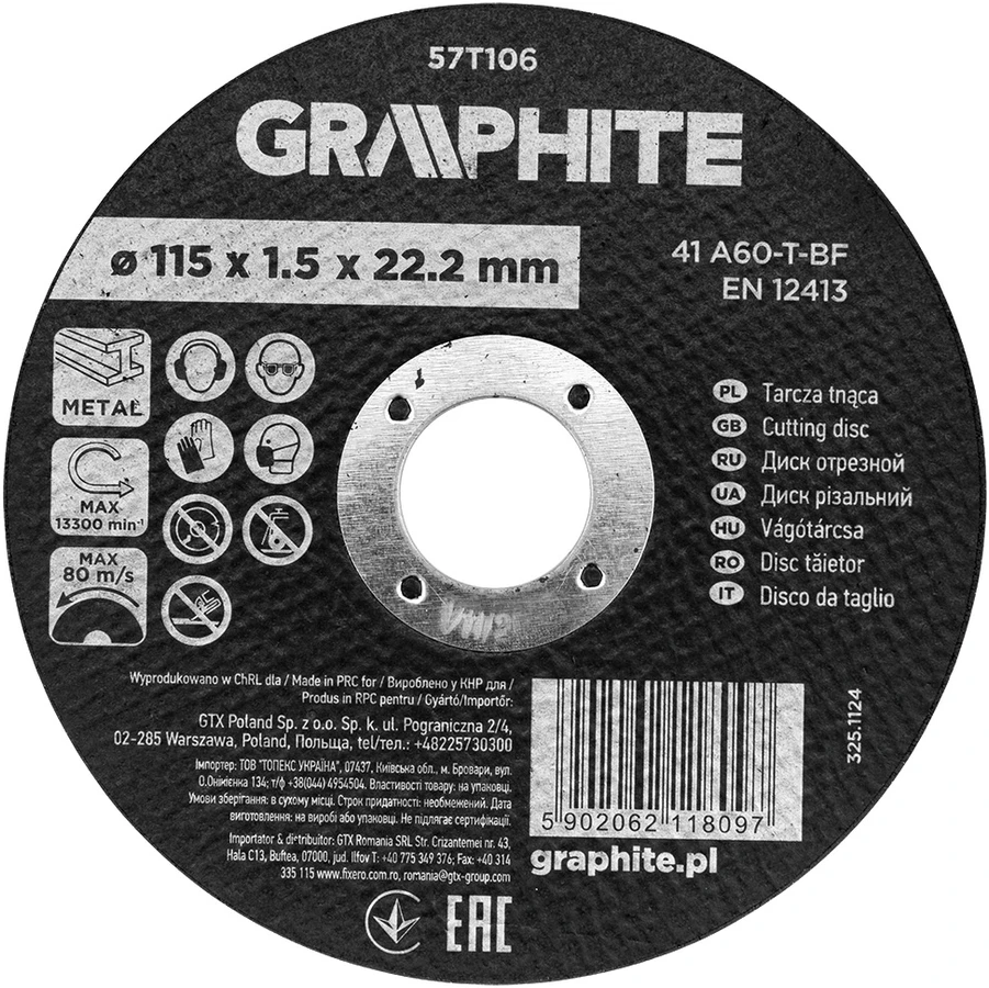 Graphite Tarcza Korundo pjovimo diskas metalui 115 x 1,5 x 22,2 mm, 41 A60-T-BF