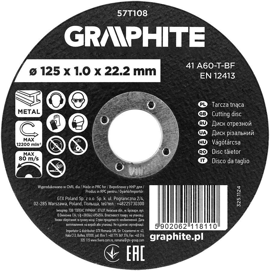 Graphite Pjovimo diskas, aliuminio oksidas metalui 125 x 1,0 x 22,2 mm, 41 A60-T-BF