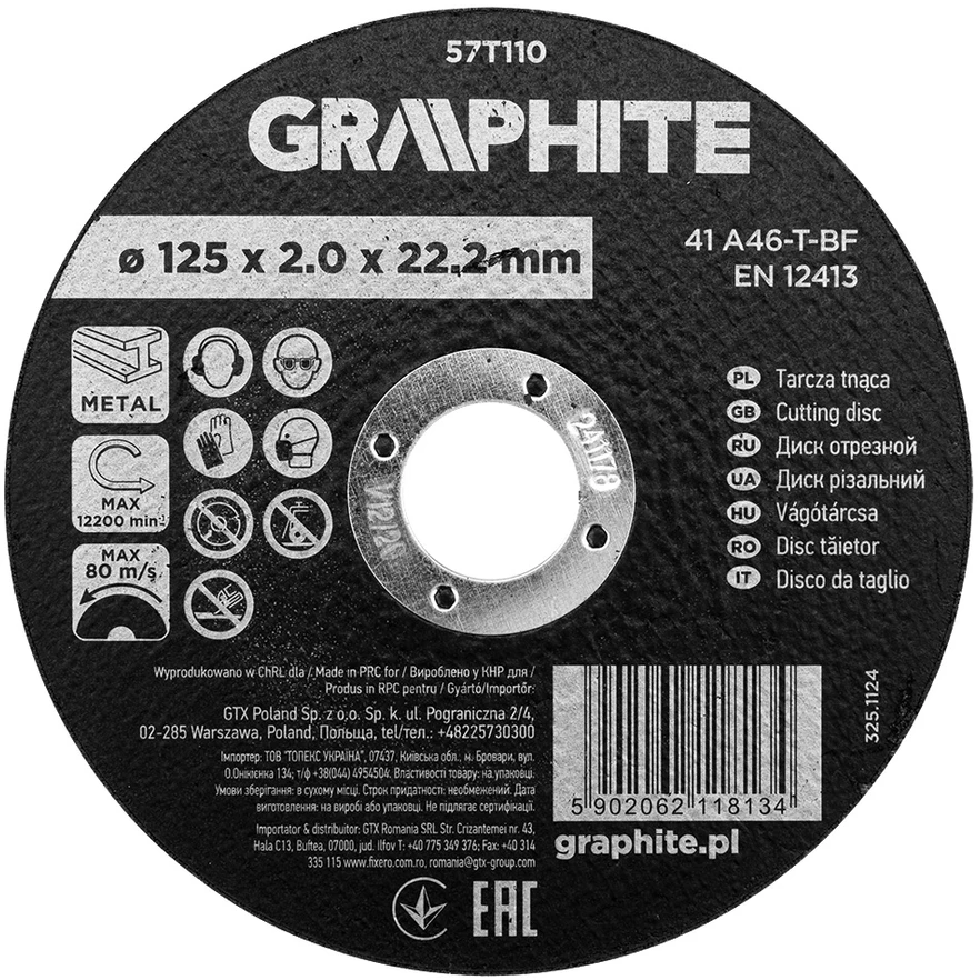 Graphite Tarcza Korundo pjovimo diskas metalui 125 x 2,0 x 22,2 mm, 41 A46-T-BF