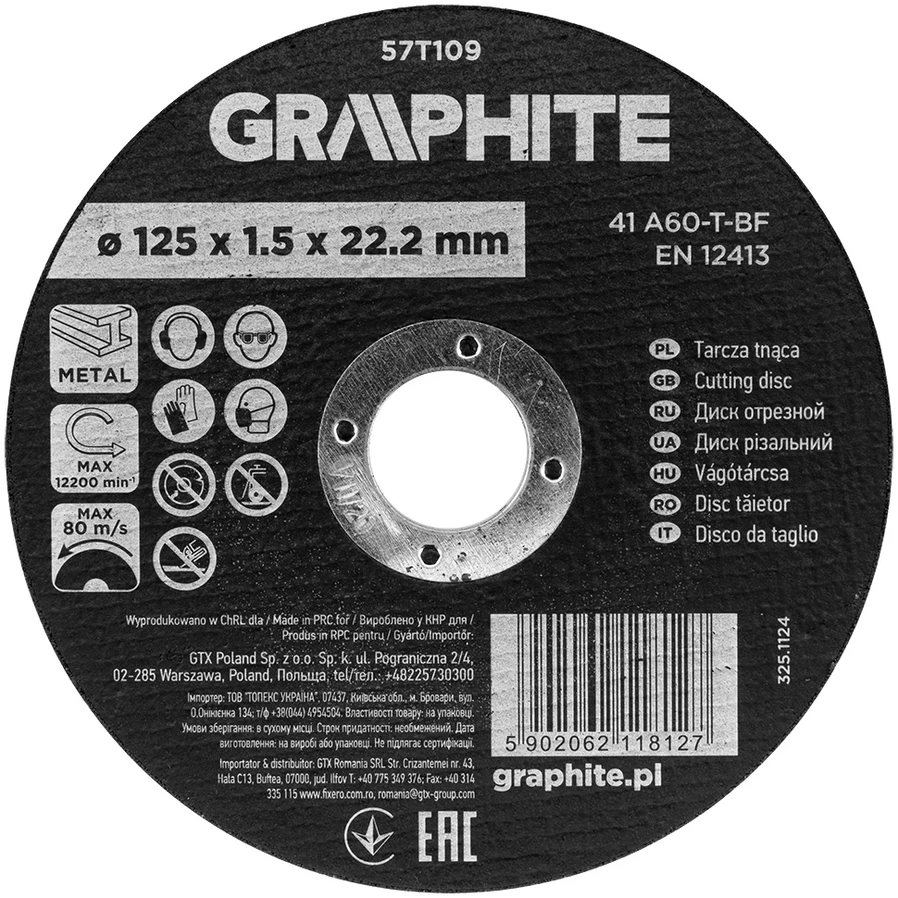 Graphite Pjovimo diskas, aliuminio oksidas metalui 125 x 1,5 x 22,2 mm, 41 A60-T-BF