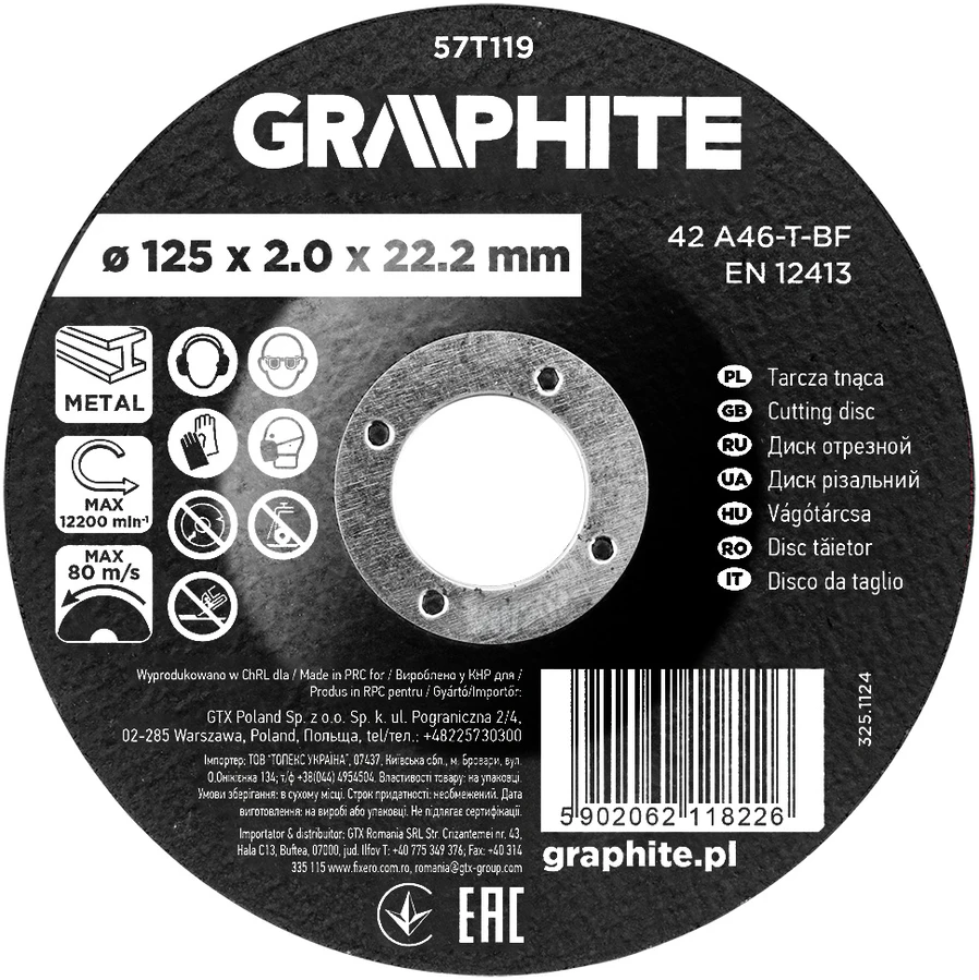 Graphite Tarcza Korundo pjovimo diskas metalui 125 x 2,0 x 22,2 mm, 42 A46-T-BF, išgaubtas