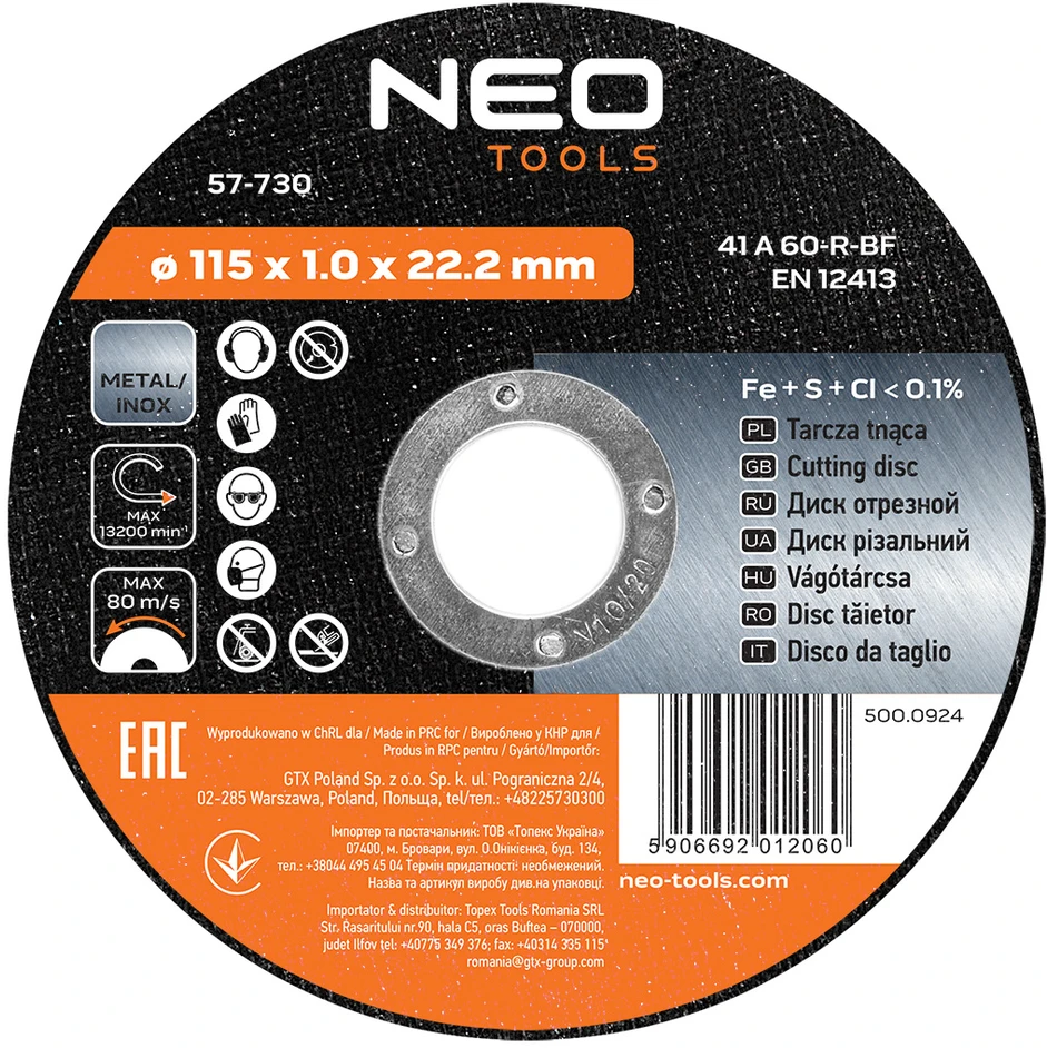 Tarcza Metalo pjovimo diskas 115 x 1,0 x 22,2 mm, 41 A60-R-BF, INOX