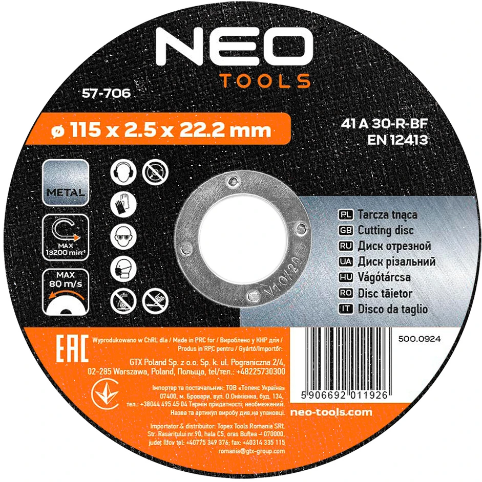 Neo Tarcza Metalo pjovimo diskas 115 x 2,5 x 22,2 mm, 41 A30-R-BF