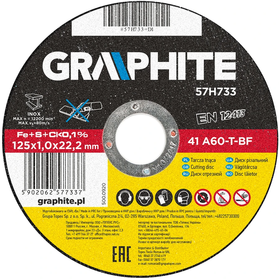 Metalo pjovimo diskas GRAPHITE INOX 125 x 1,0 x 22,2 mm