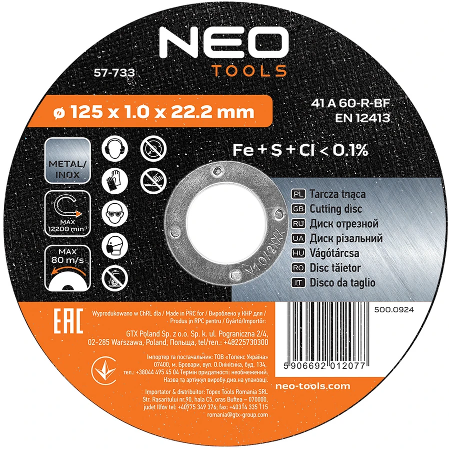 Tarcza Metalo pjovimo diskas 125 x 1,0 x 22,2 mm, 41 A60-R-BF, INOX