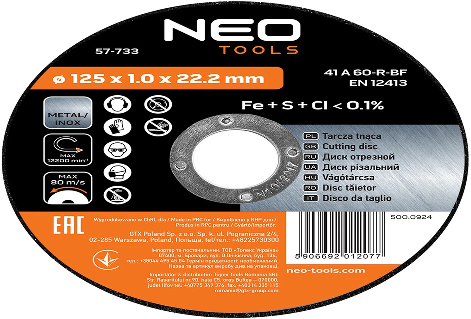 Tarcza Metalo pjovimo diskas 125 x 1,0 x 22,2 mm, 41 A60-R-BF, INOX, 10 vnt.