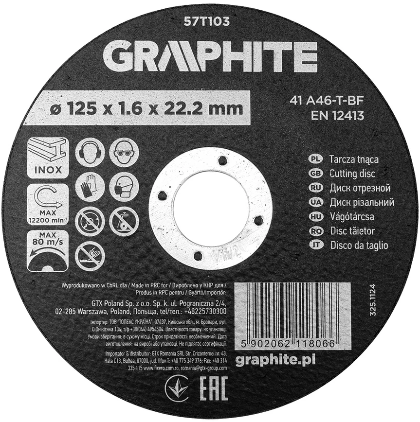 Graphite Tarcza Pjovimo diskas, korundas, metalui/INOX, 125 x 1,6 x 22,2 mm, 41 A46-T-BF
