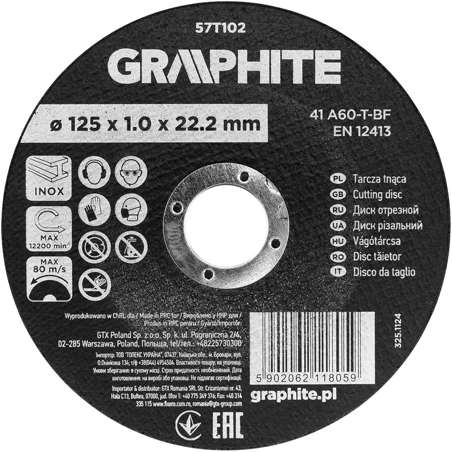 Graphite Pjovimo diskas, aliuminio oksidas, Metalui/INOX 125 x 1.0 x 22.2 mm, 41 A60-T-BF
