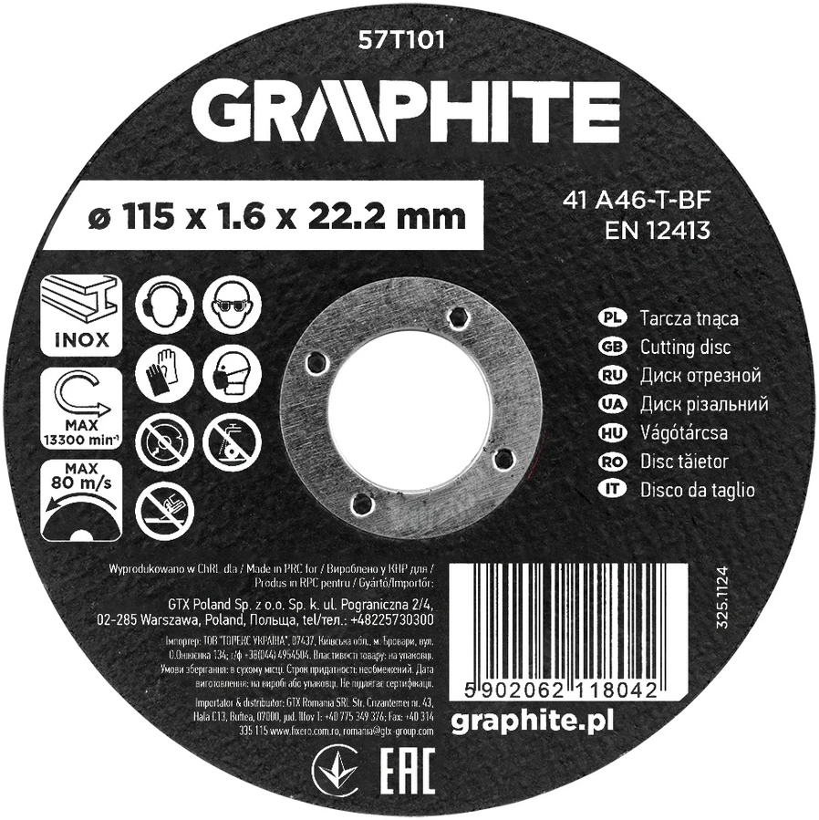 Graphite Tarcza Pjovimo diskas, korundas, metalui/INOX, 115 x 1,6 x 22,2 mm, 41 A46-T-BF