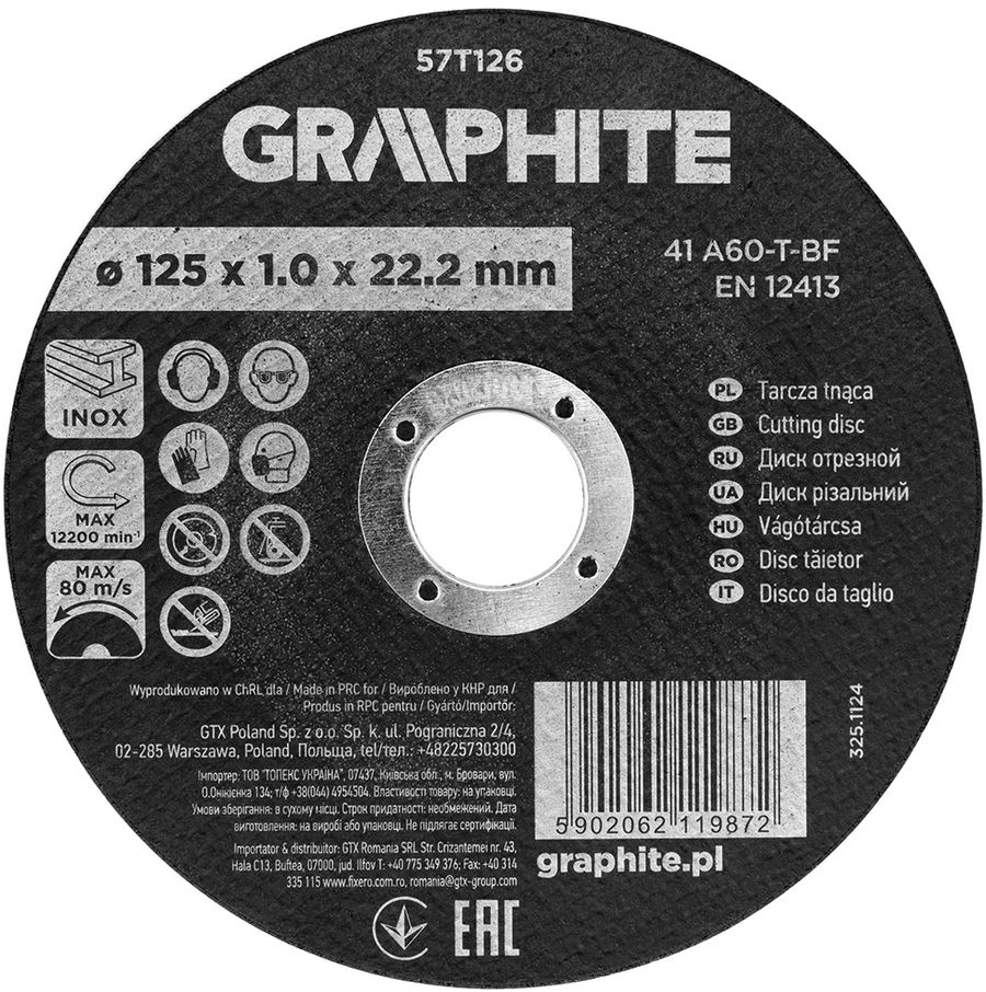 Graphite Tarcza Pjovimo diskas, korundas, metalui/INOX, 125 x 1,0 x 22,2 mm, 41 A60-T-BF, 110 dalių, dėžutė