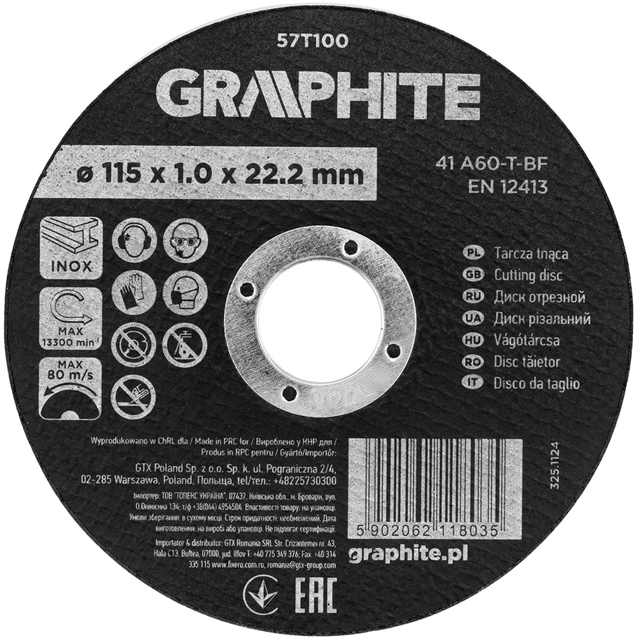 Graphite Tarcza Pjovimo diskas, korundas, metalui/INOX, 115 x 1,0 x 22,2 mm, 41 A60-T-BF
