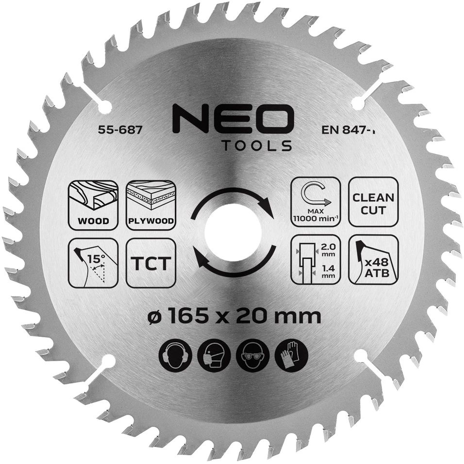 Neo Tools Tarcza Pjūklo diskas, įgilinamasis pjūklas, kietmetalio, 165 x 1,4 x 2,0 x 20 mm, 48 dantys