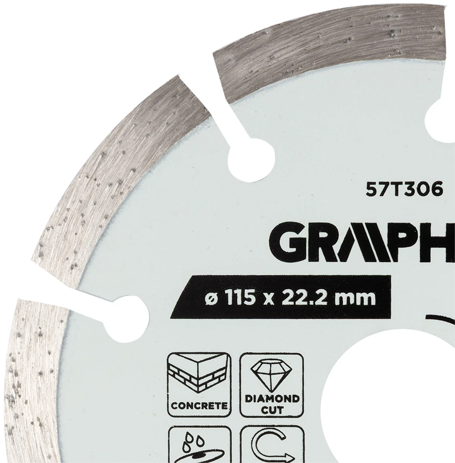 Graphite Tarcza Segmentuotas deimantinis pjovimo diskas, 115 x 22,2 mm, sausam ir šlapiam apdirbimui