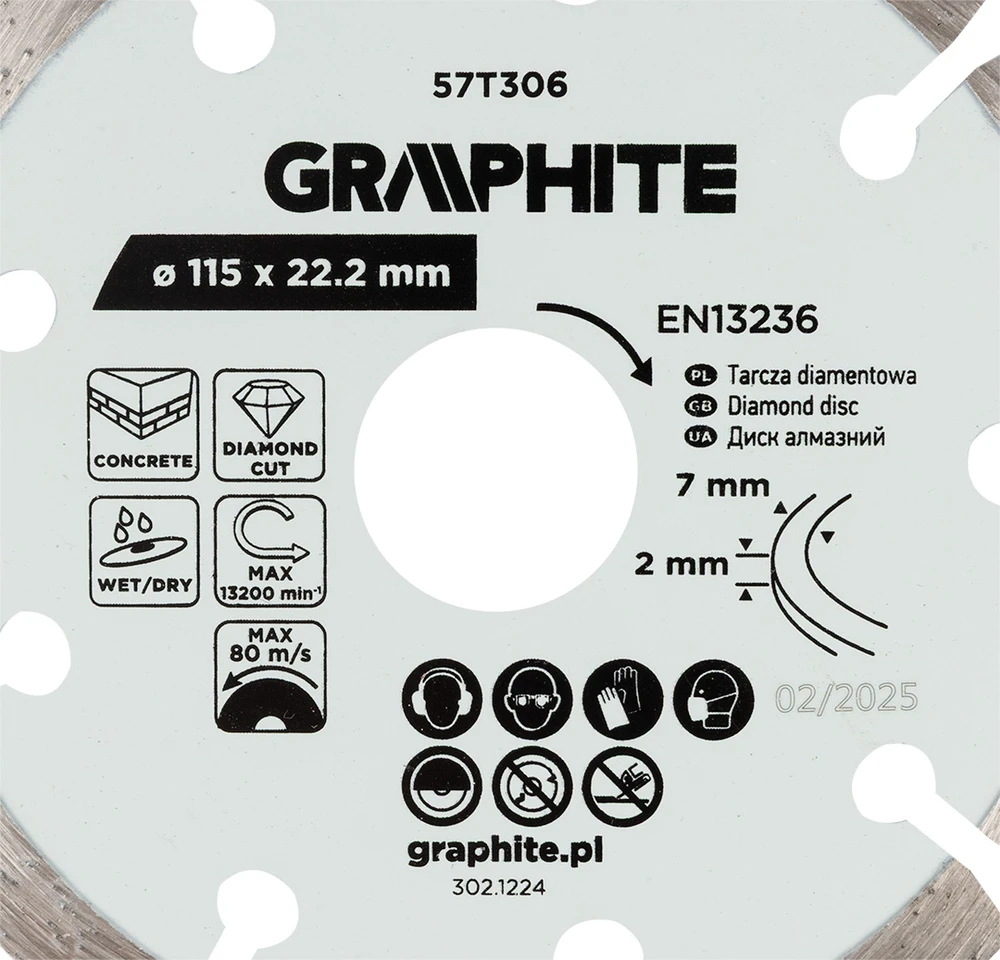 Graphite Tarcza Segmentuotas deimantinis pjovimo diskas, 115 x 22,2 mm, sausam ir šlapiam apdirbimui