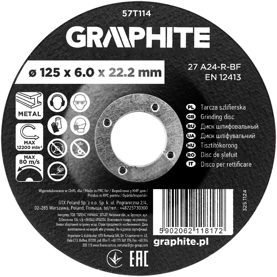 Graphite Tarcza Šlifavimo diskas, korundas metalui, 125 x 6,0 x 22,2 mm, 27 A24-R-BF, išgaubtas