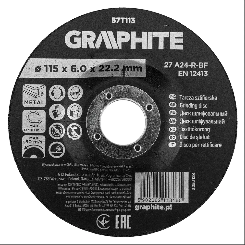 Graphite Tarcza Šlifavimo diskas, korundas metalui, 115 x 6,0 x 22,2 mm, 27 A24-R-BF, išgaubtas