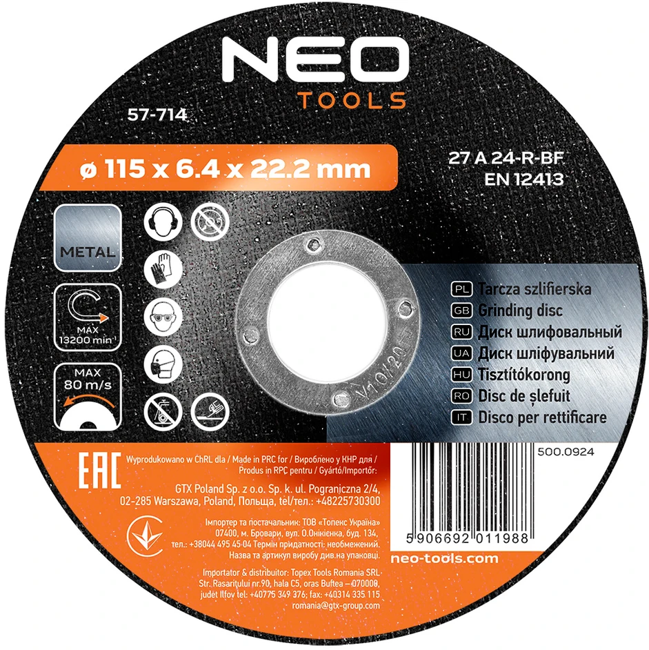Neo Tarcza Šlifavimo diskas metalui 115 x 6,4 x 22,2 mm, 27 A24-R-BF