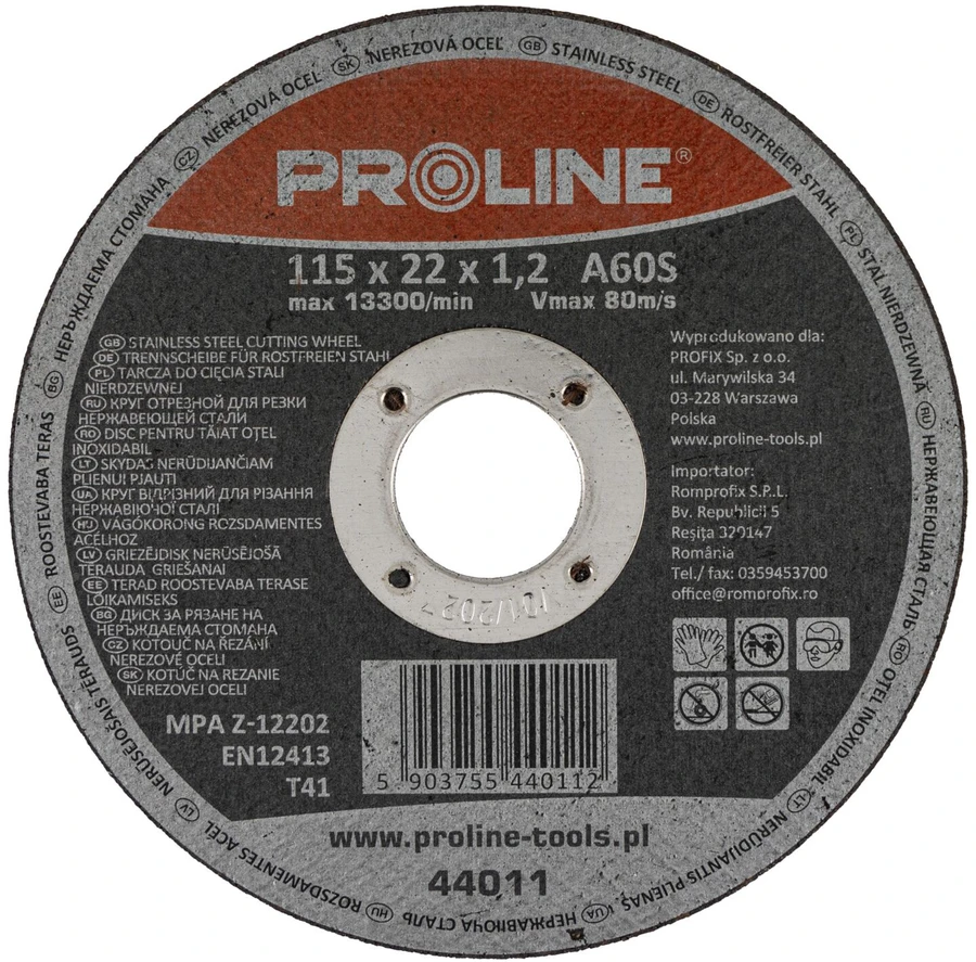Tarcza T41 nerūdijančio plieno pjovimo diskas, 115x1.2x22a60s proline