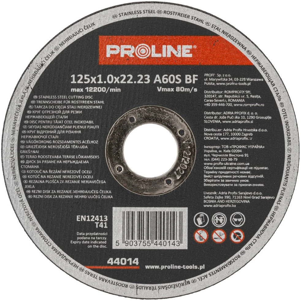 Tarcza T41 nerūdijančio plieno pjovimo diskas, 125x1.0x22a60s proline