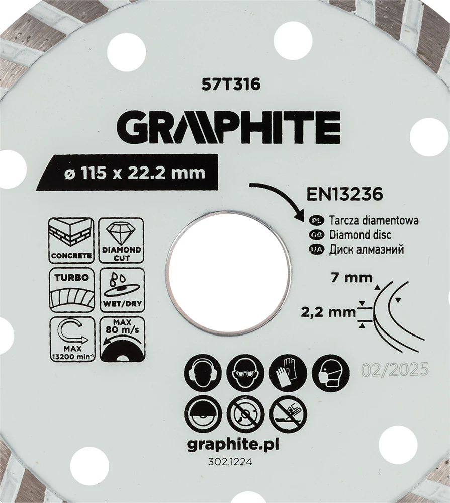 Graphite Tarcza Turbo deimantinis pjovimo diskas, 115 x 22,22 mm, sausam ir šlapiam apdirbimui