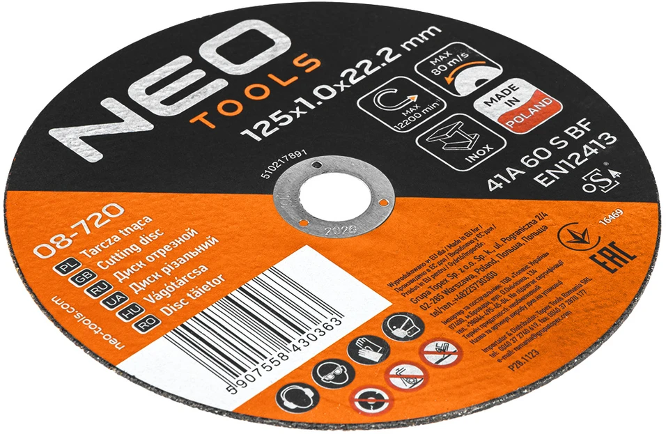 Neo Tools Tarcze Metalo/INOX pjovimo diskai 125 x 1,0 x 22,2 mm, 41 A60-S-BF, 100 vnt. kibiras. Pagaminta Lenkijoje.