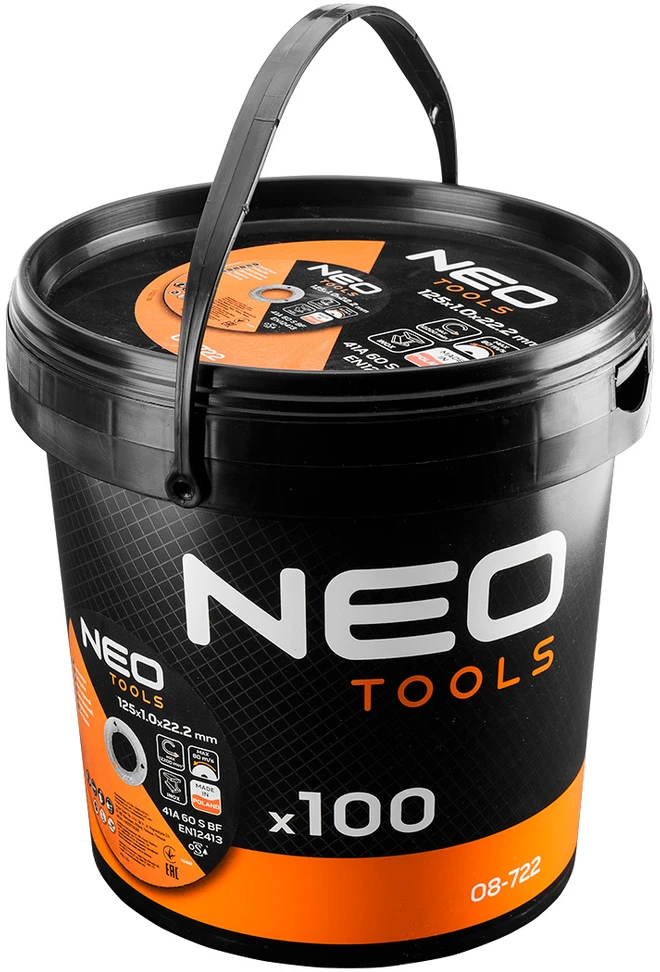 Neo Tools Tarcze Metalo/INOX pjovimo diskai 125 x 1,0 x 22,2 mm, 41 A60-S-BF, 100 vnt. kibiras. Pagaminta Lenkijoje.