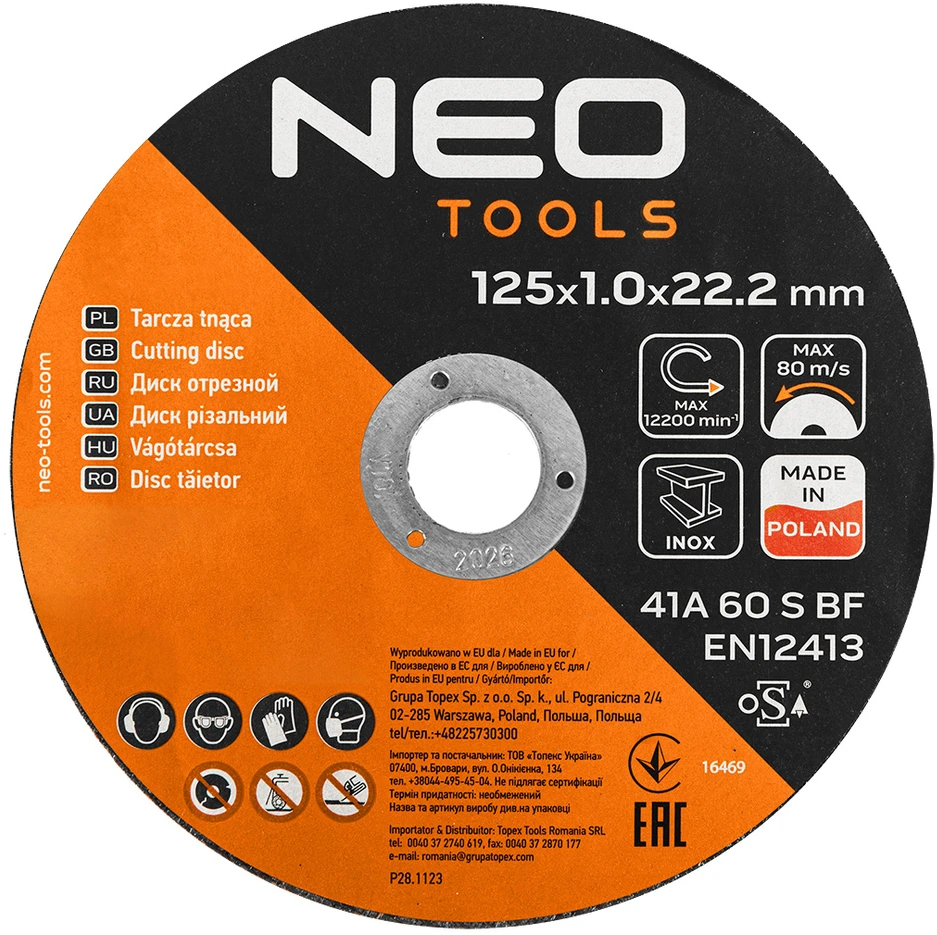 Neo Tools Tarcze Metalo/INOX pjovimo diskai 125 x 1,0 x 22,2 mm, 41 A60-S-BF, 100 vnt. kibiras. Pagaminta Lenkijoje.