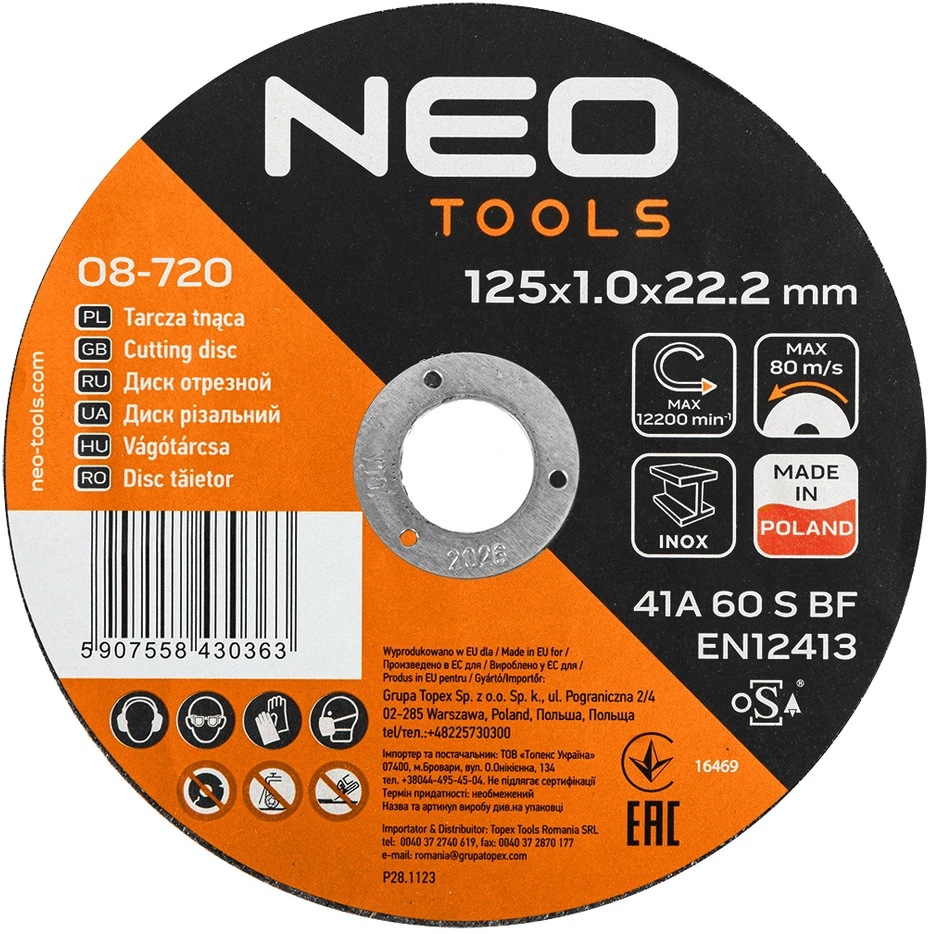 Neo Tools Tarcze Metalo/INOX pjovimo diskai 125 x 1,0 x 22,2 mm, 41 A60-S-BF, 100 vnt. kibiras. Pagaminta Lenkijoje.